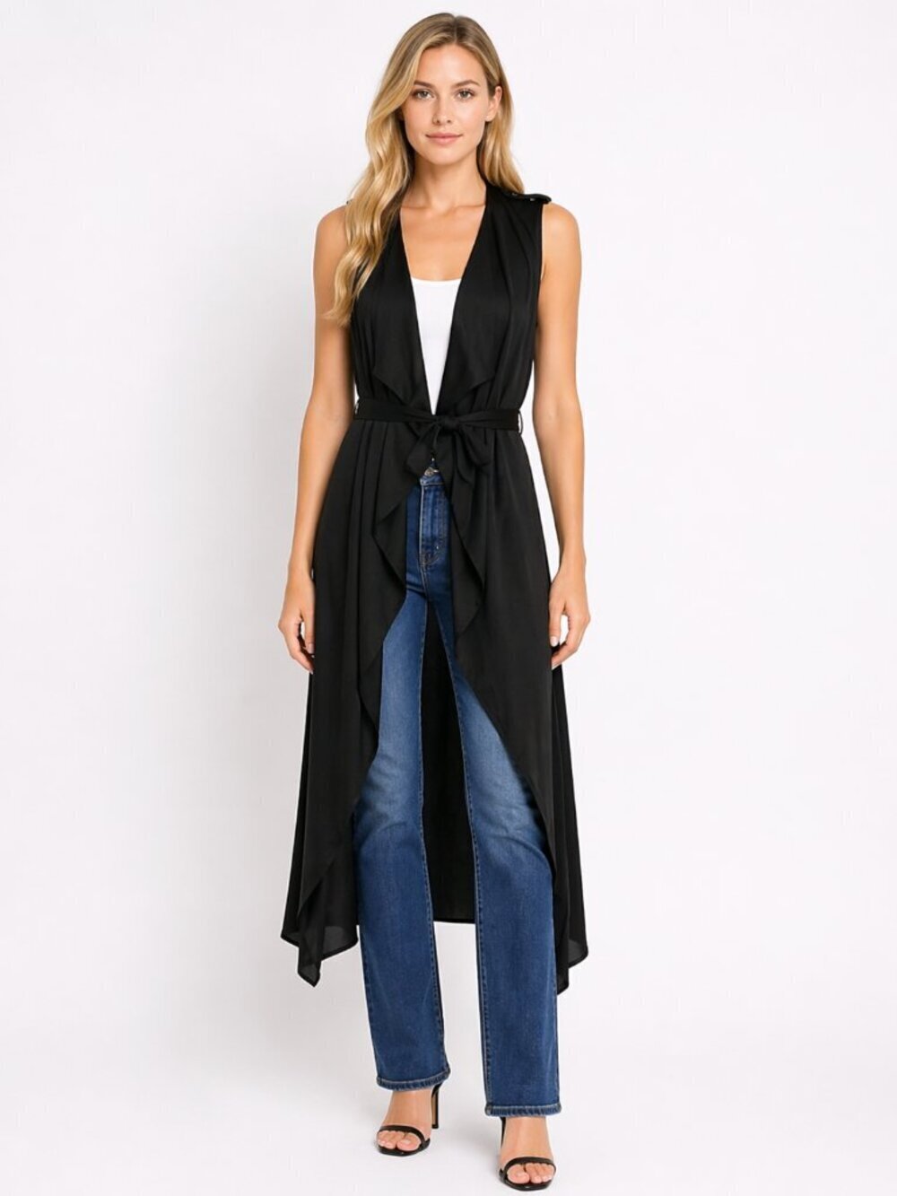 POETRY Longline Belted Flowing Cardigan Duster Black Size Small